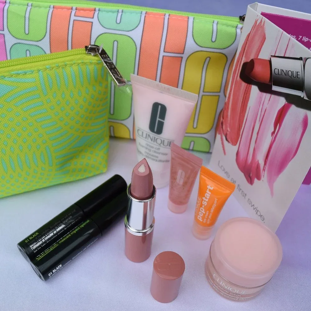 Clinique Beauty Gift Set-2 Green Pouches,Eye,Cleanser,Lipstick&Mascara-10pc-NEW
